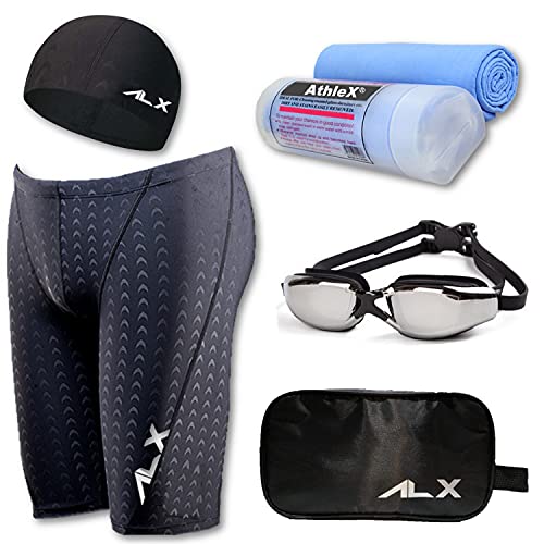 AthleX(アスレエックス) メンズ 水着 フィットネス 競泳水着 男性 スイミング ゴーグル 水中眼鏡 スイムキャップ セイムタオル セーム 大きいサイズ プール備品 5点セット (S, 水着5点)